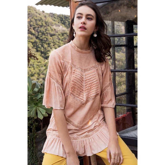 POL Light Coral Pleated & Ruffled Short Sleeve Tunic Top - Picture 7 of 8